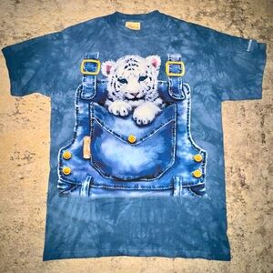 Animal T-Shirt Baby Wildcat Denim Blue Sz L Y2K White Tiger Cub Kawaii Vintage